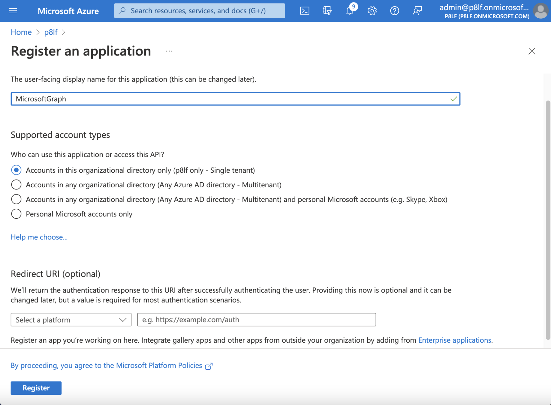 Azure Active Directory - I created an application registration