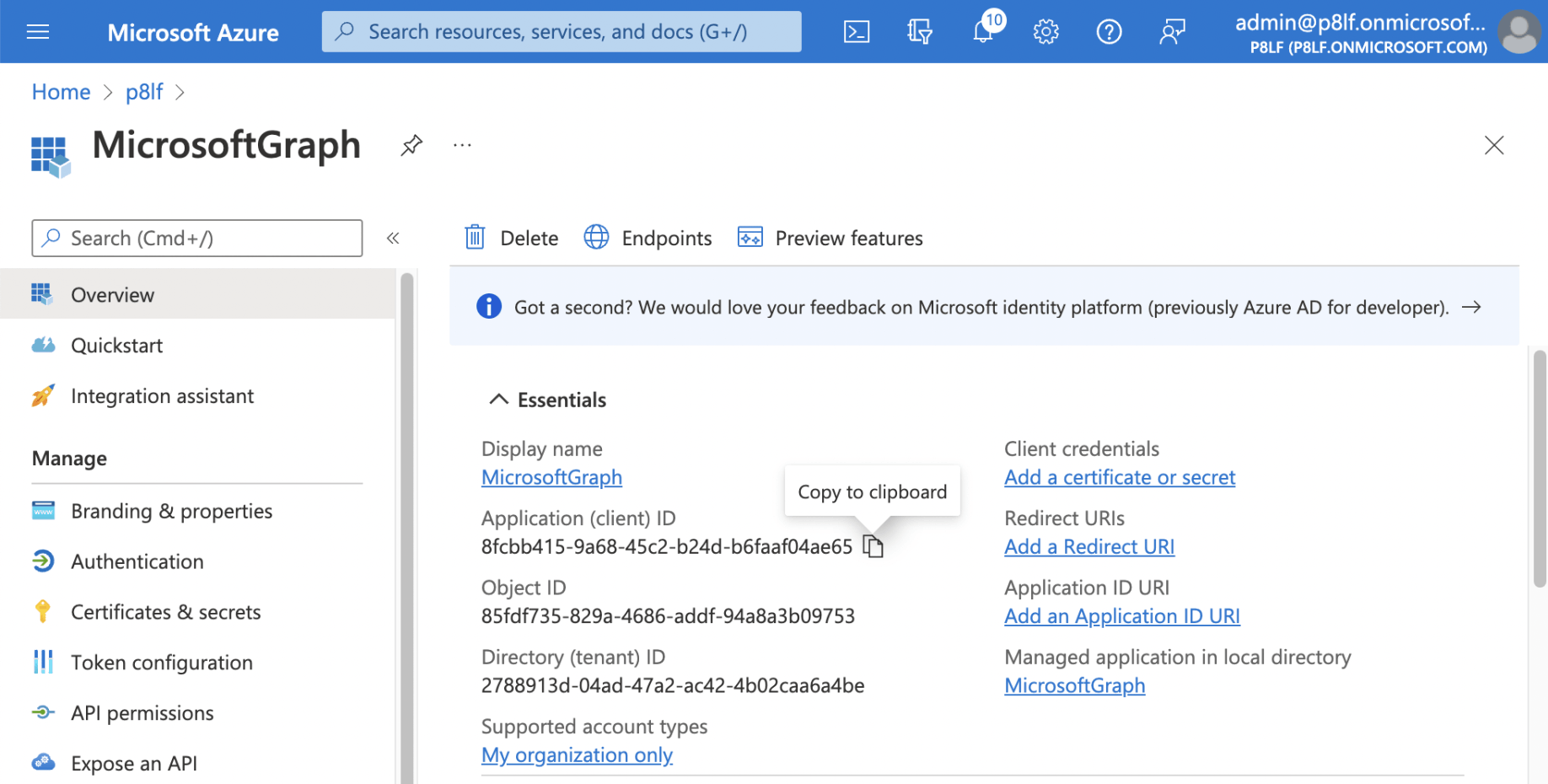 I copied the Application (client) ID to be used later.