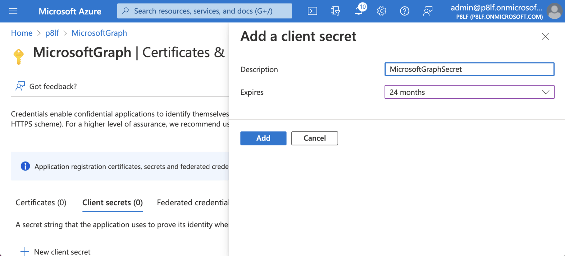 I set the client secret to expire in 2 years