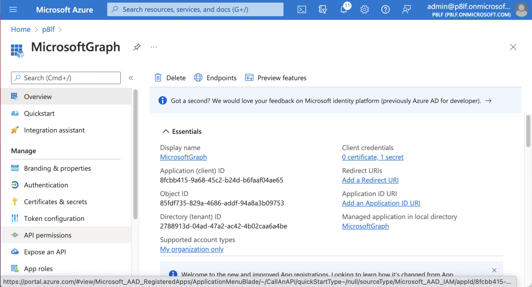 I selected the "API permissions" link
