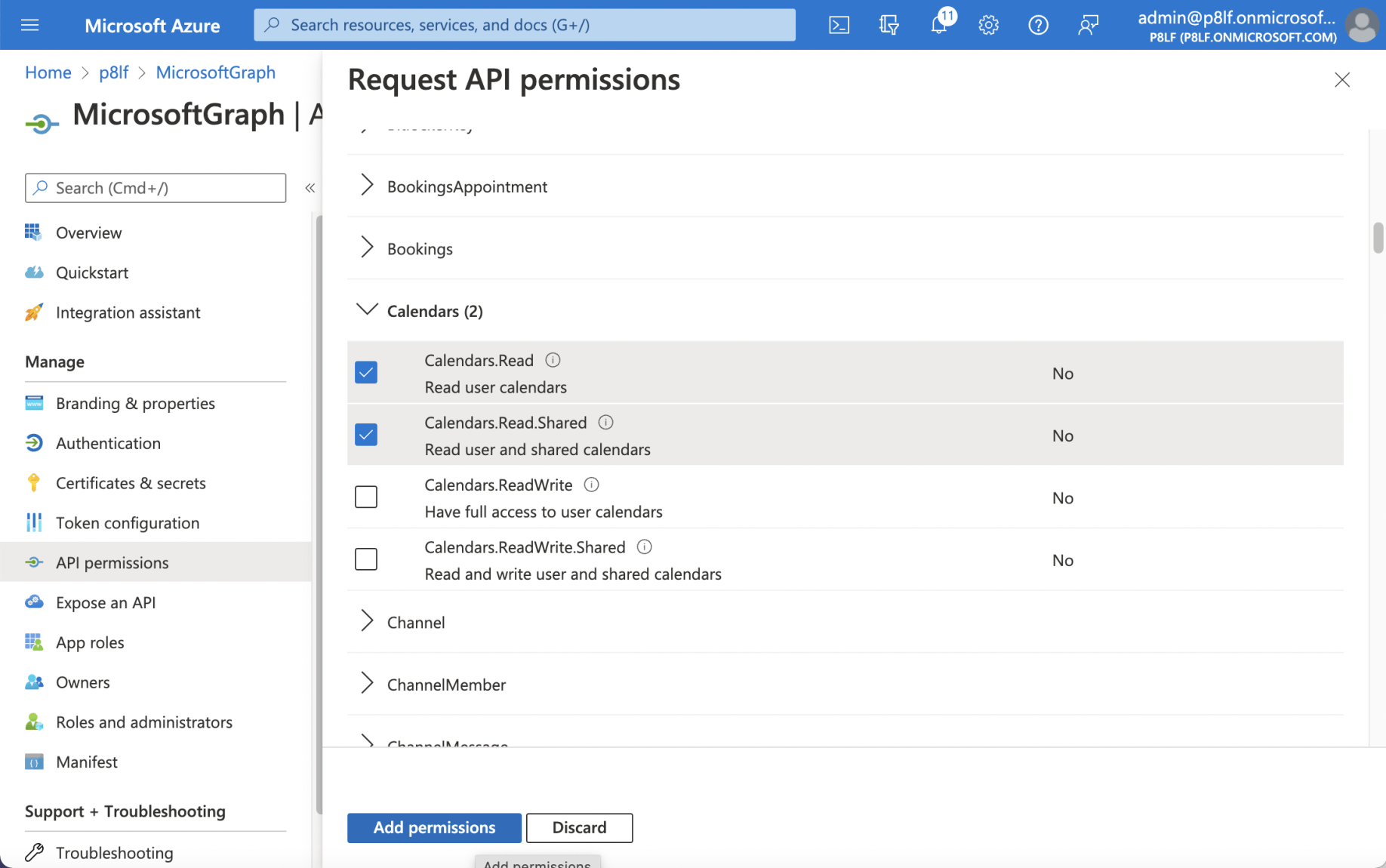 I selected the "Calendars.Read" and the "Calendars.Read.Shared" permissions (scopes)