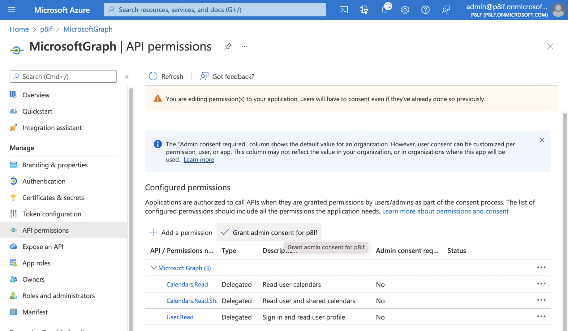 I clicked the "Grant admin consent for ..." link