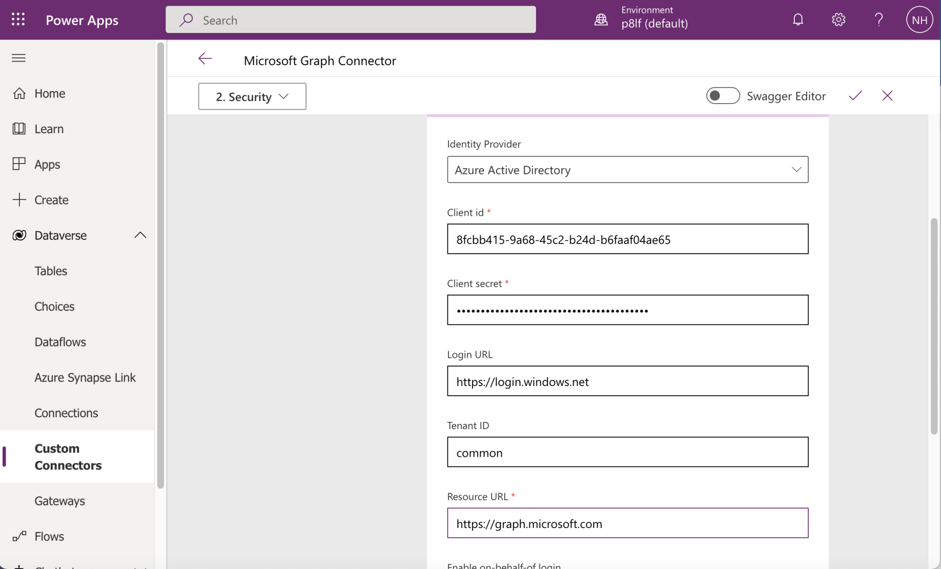 I selected Azure Active Directory. I entered the Application (client) id and Client secret values I copied earlier.