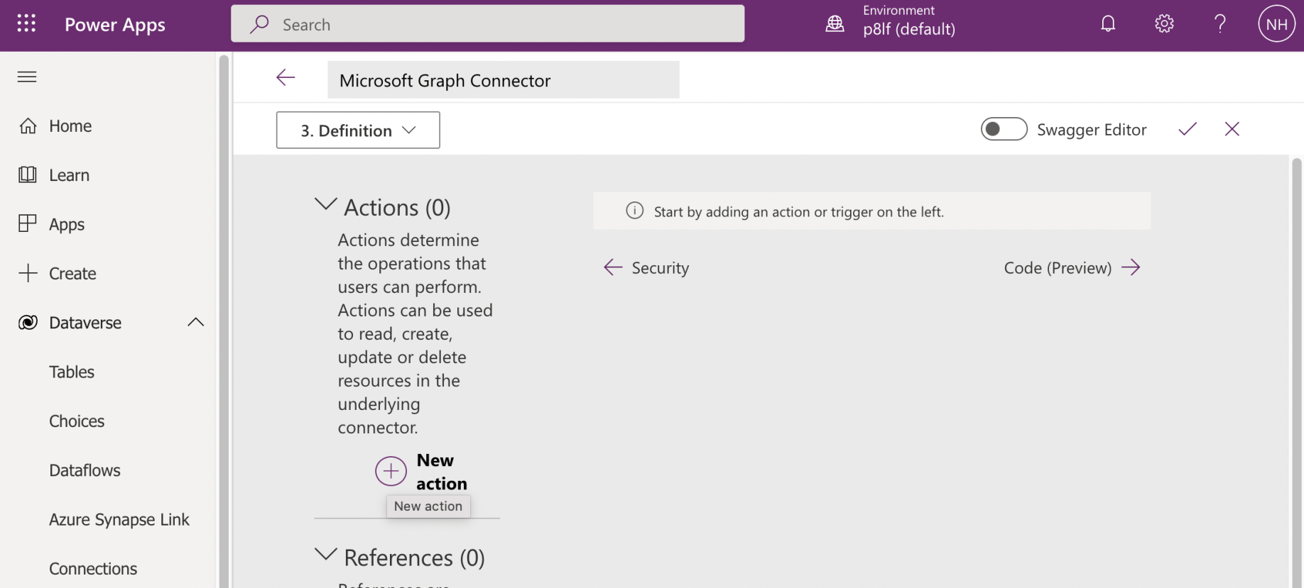 I returned to the Power Apps page and clicked the "+ New Action" link