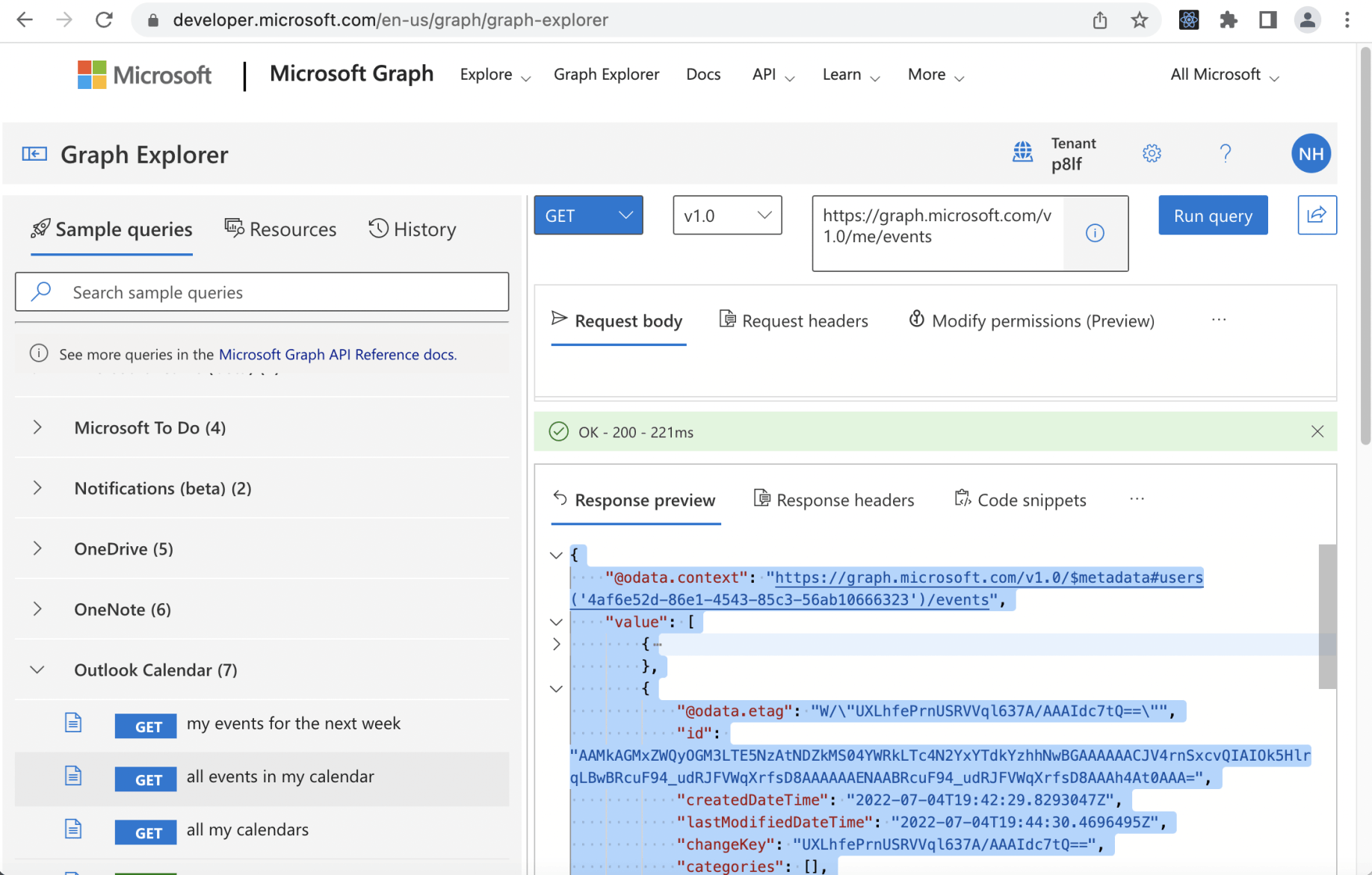 I copied the sample (JSON) response from the Graph Explorer web application (notice that the array of Calendar Events is returned as the "value").
