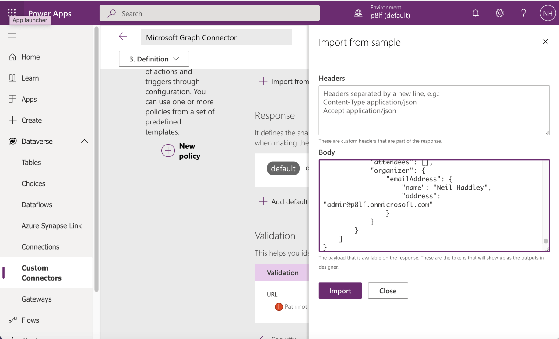 I copied the sample (JSON) response to the new connector action