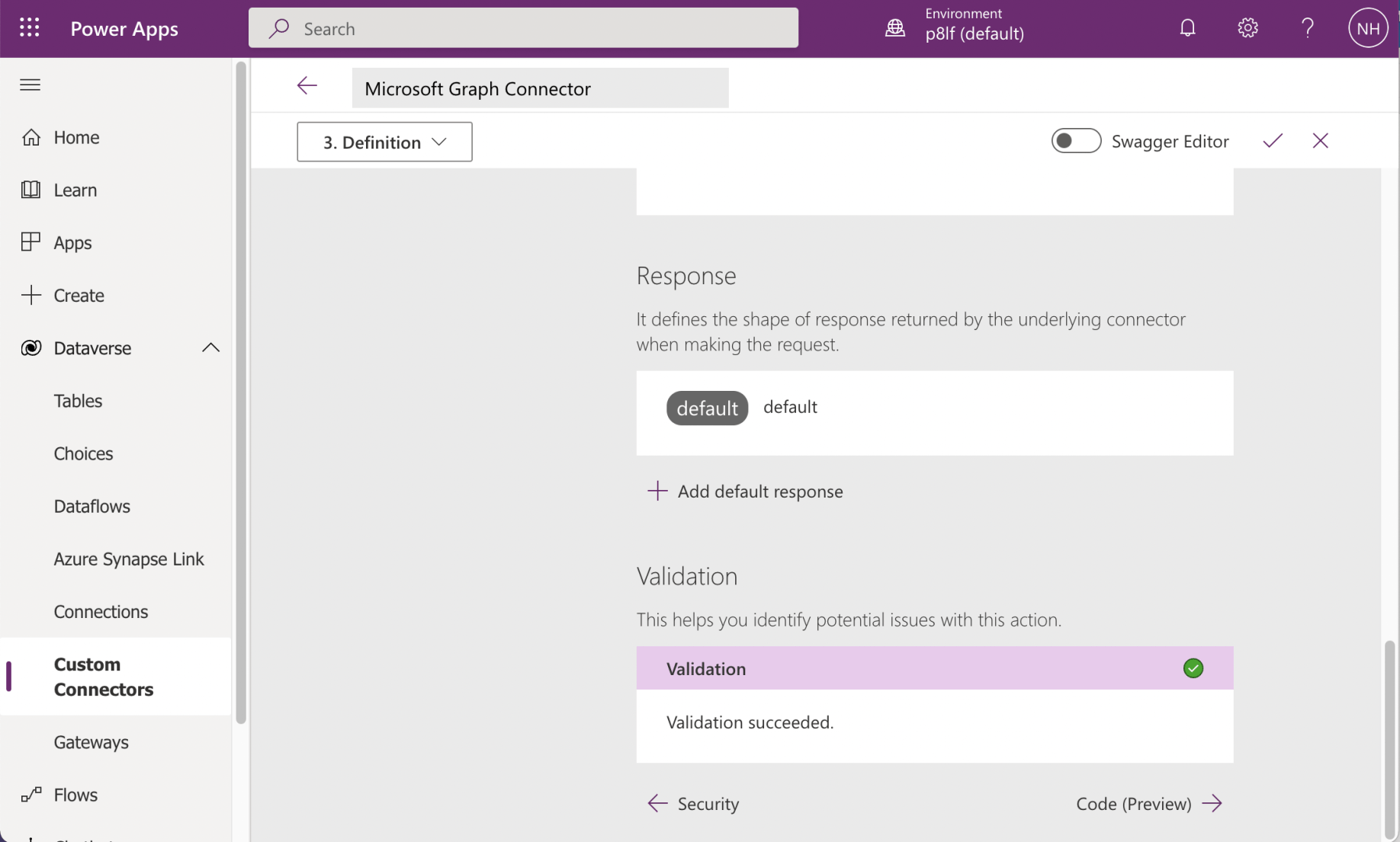 I saw that Validation succeeded and navigated to the Code (Preview) step