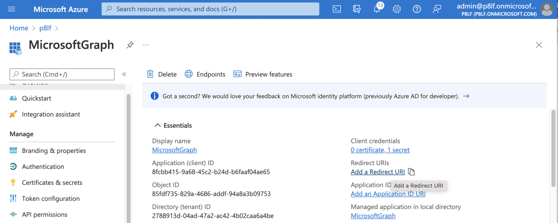 I returned to the Application Registration and added the Redirect URL (URI)