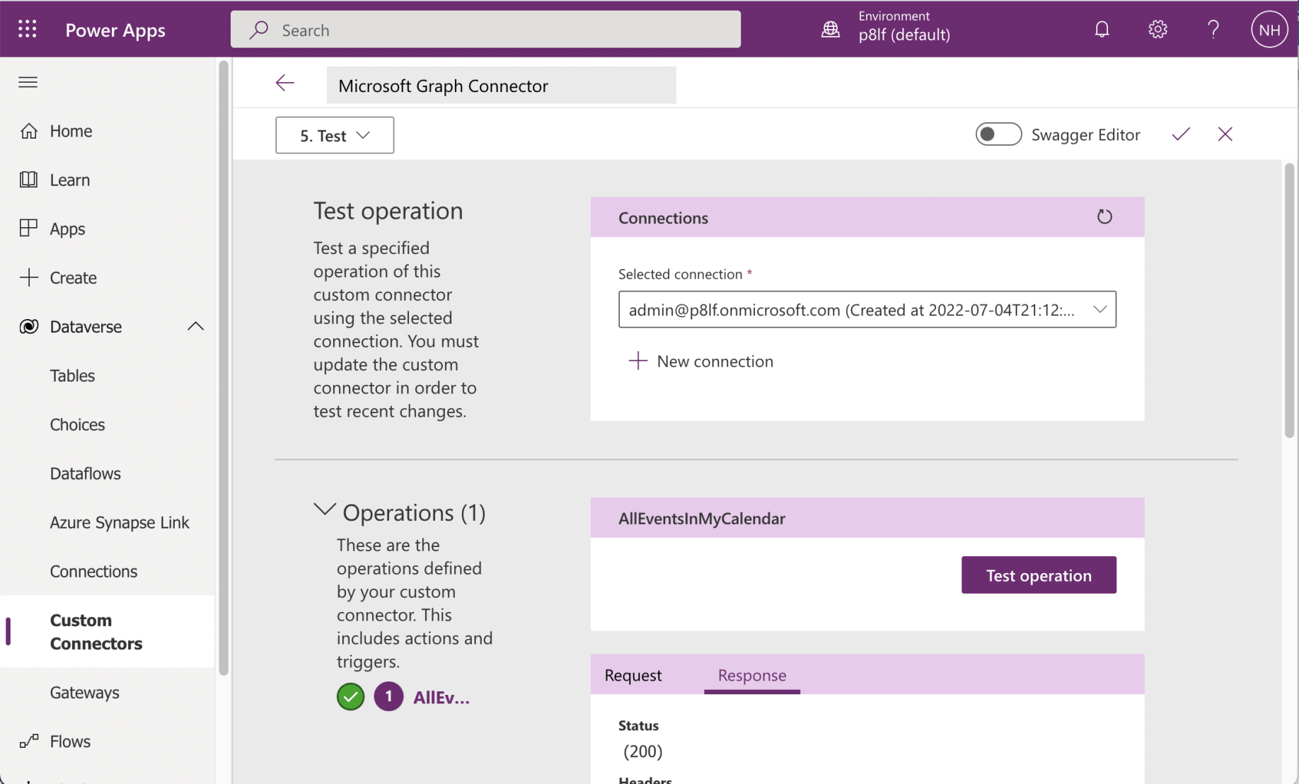 I selected the AllEventsInMyCalendar and clicked the "Test operation" button