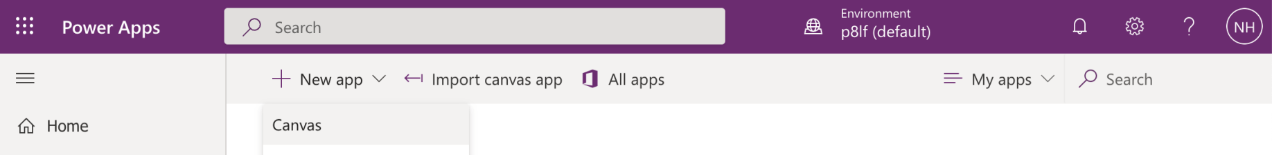 I created a new Canvas app using the "+ New app" link