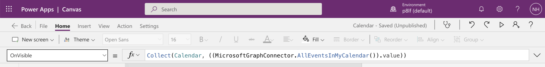 Screen1's OnVisible property is set to "Collect(Calendar, (MicrosoftGraphConnector.AllEventsInMyCalendar().value)"