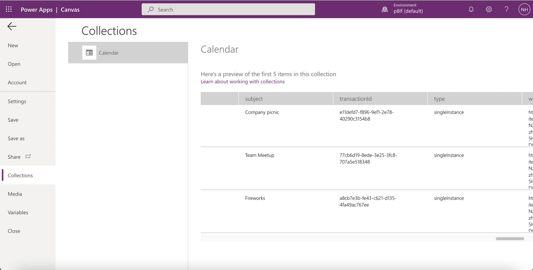 Running the Canvas app creates a Calendar collection (of Events).