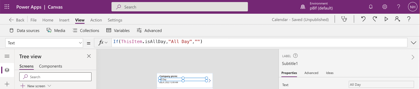 The item template is updated setting Subtitle to "All Day" if the Event item's isAllDay field is true.