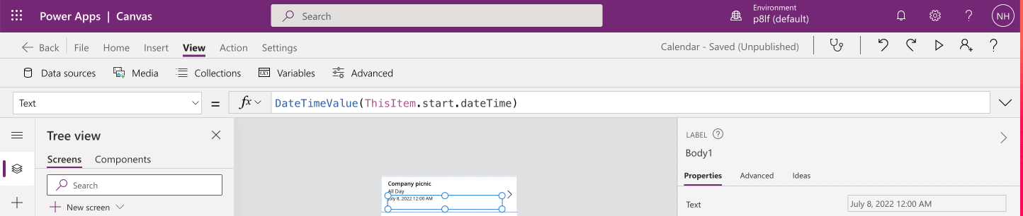 The item template is updated setting Body to the Event item's "start.datetime"
