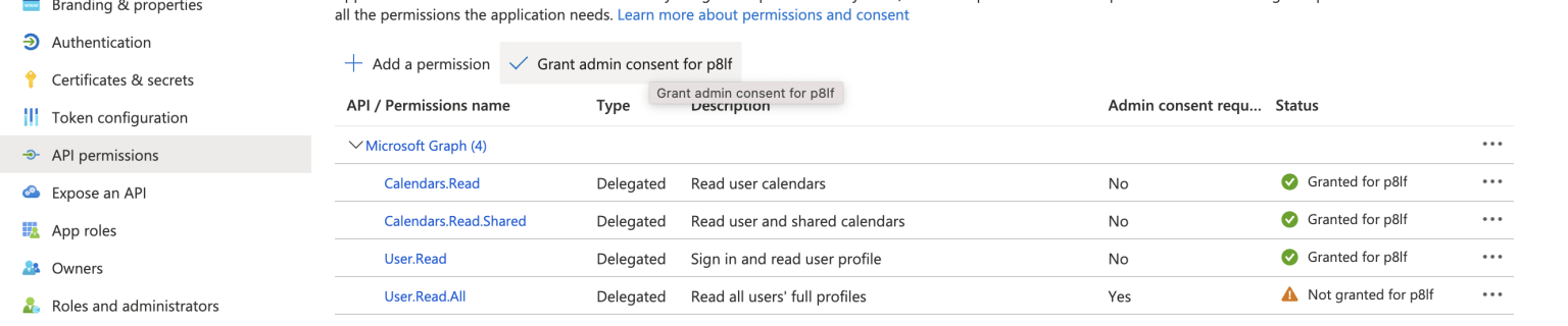 Updated permissions - Granting admin consent