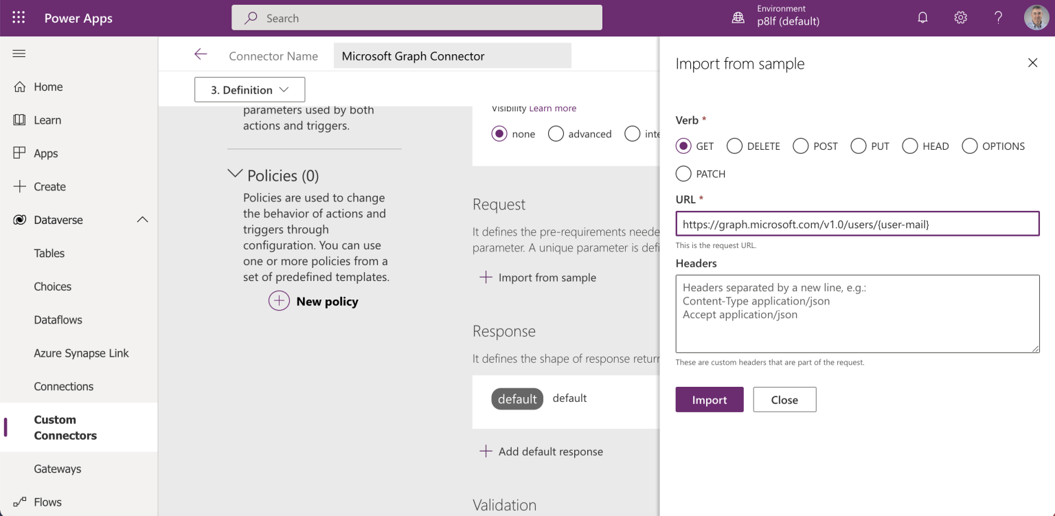 I entered the request details (notice that a value for {user-mail} will need to be provided when the action is invoked)