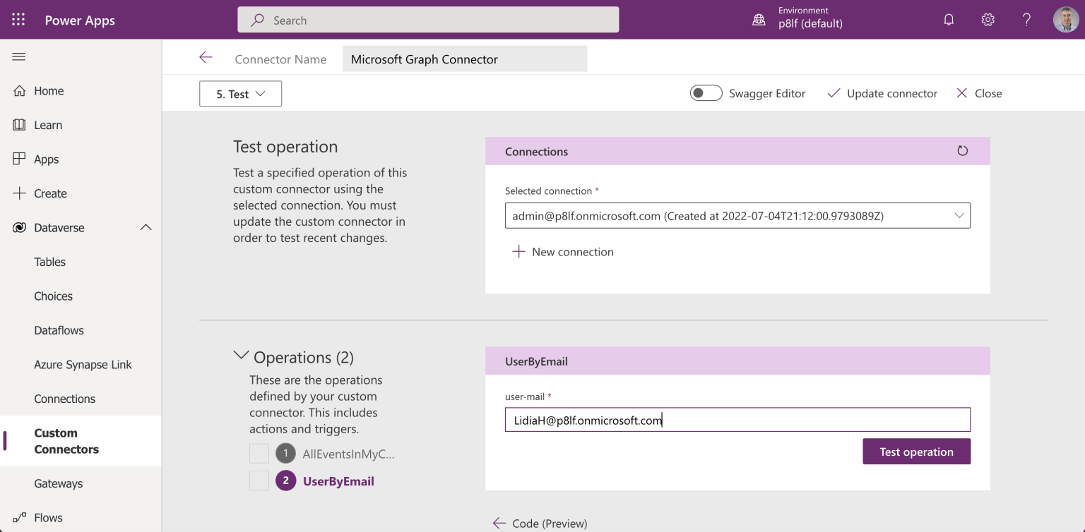 I provided a value for the "user-email" parameters and clicked the Test operation button