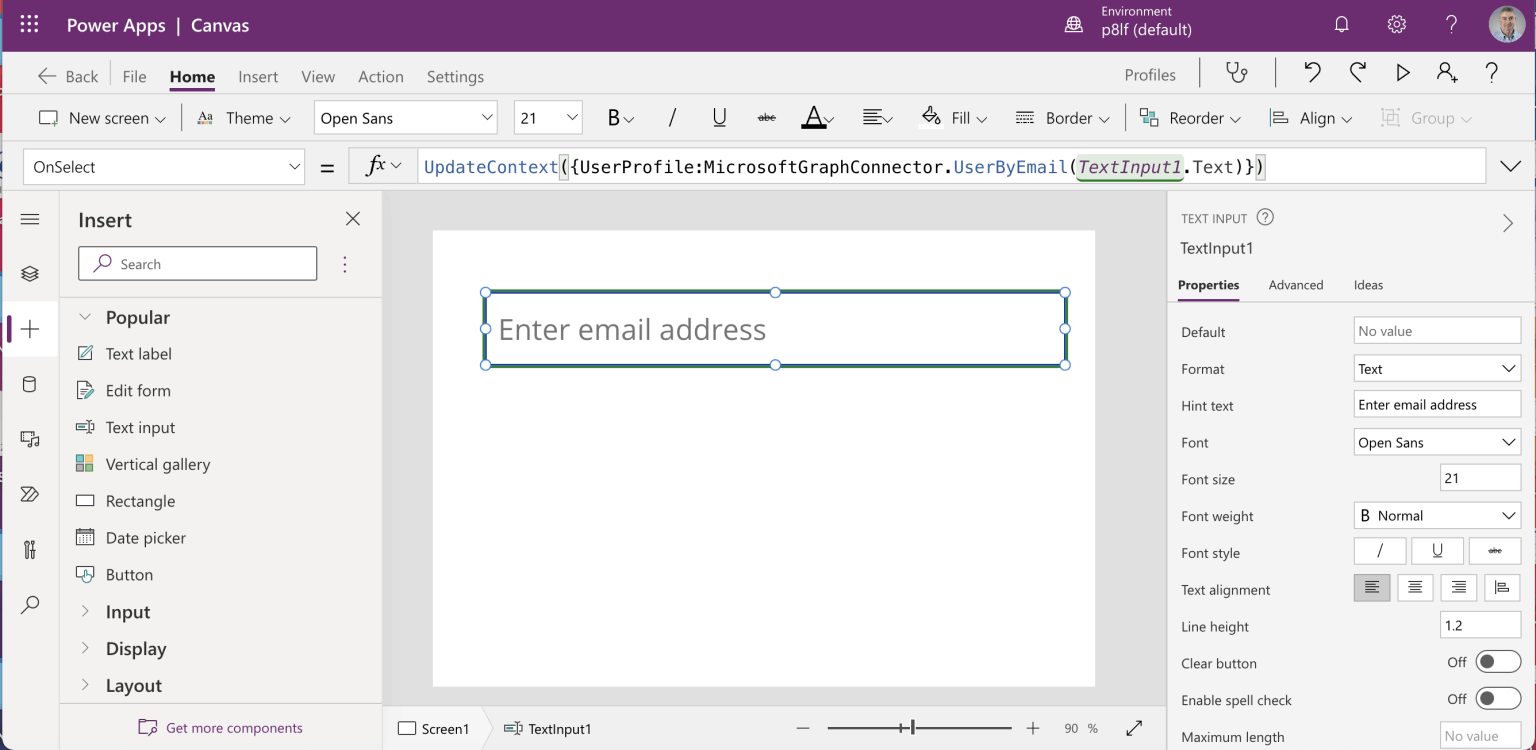 I updated the Text input's OnSelect handler to Set the value of "UserProfile" to the result of a call to the new UserByEmail action