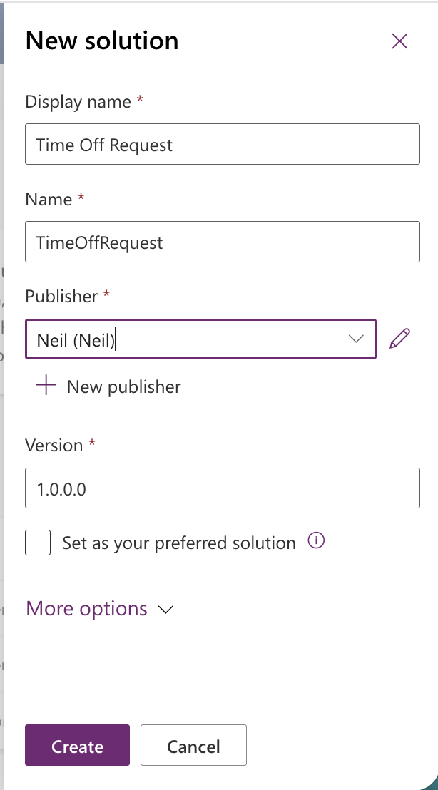 I created a new solution called "Time Off Request" to keep the customizations isolated.