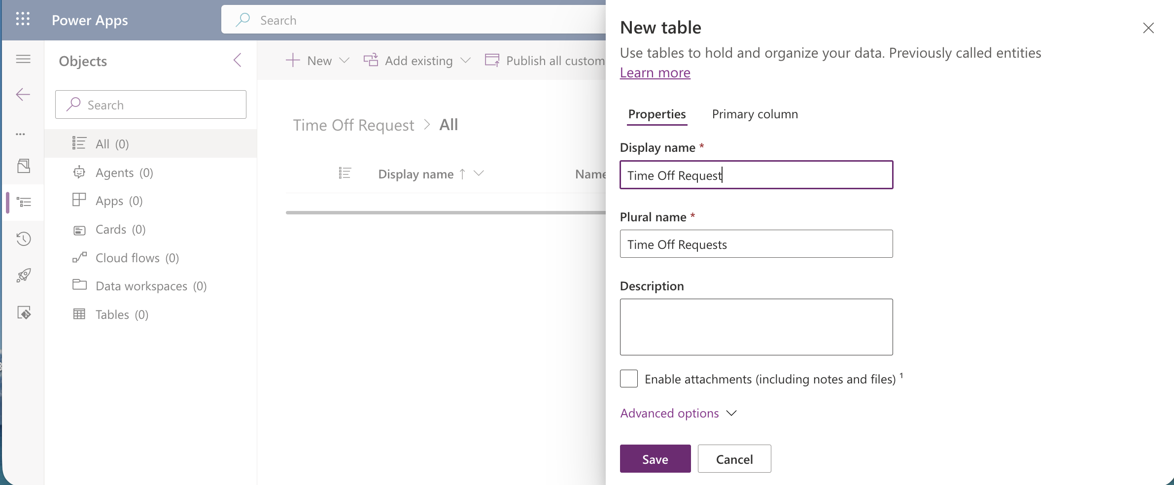 I named the new table "Time Off Request" in the new table panel.