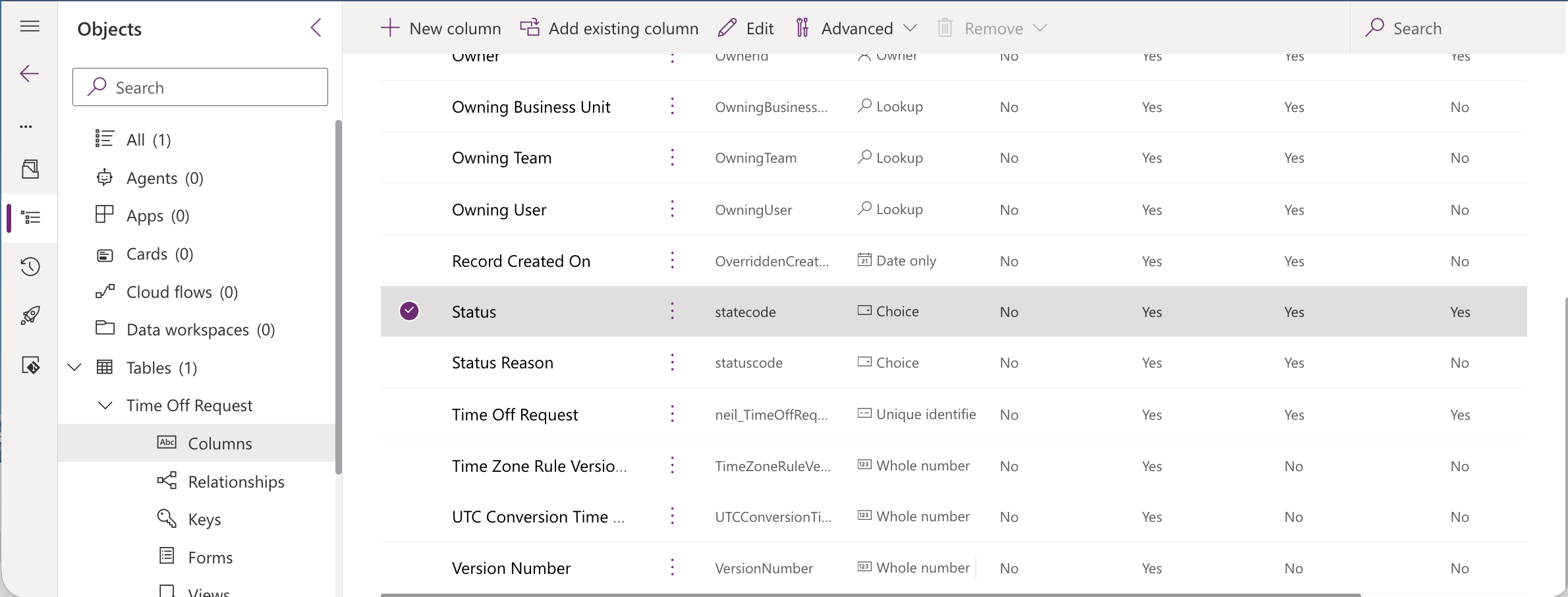 The columns list already included Status (statecode) and Status Reason (statuscode) — both system-managed fields that appear on every standard table.