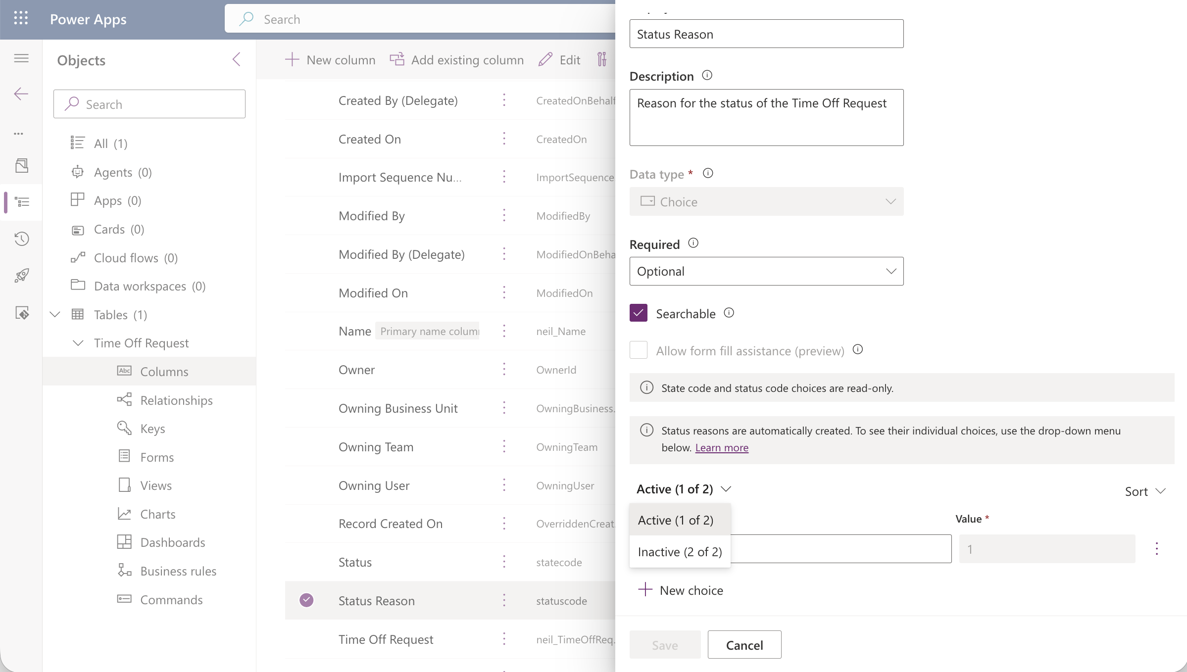 The Status Reason column editor showed two groups — Active and Inactive — each with their default choice.