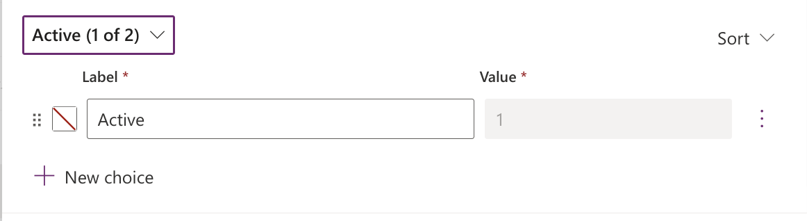 The Active group contained a single choice: "Active" with value 1.