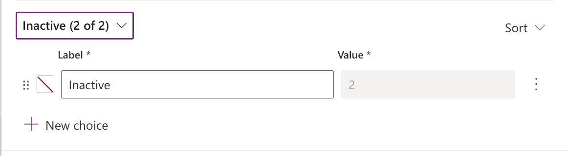 The Inactive group contained a single choice: "Inactive" with value 2.