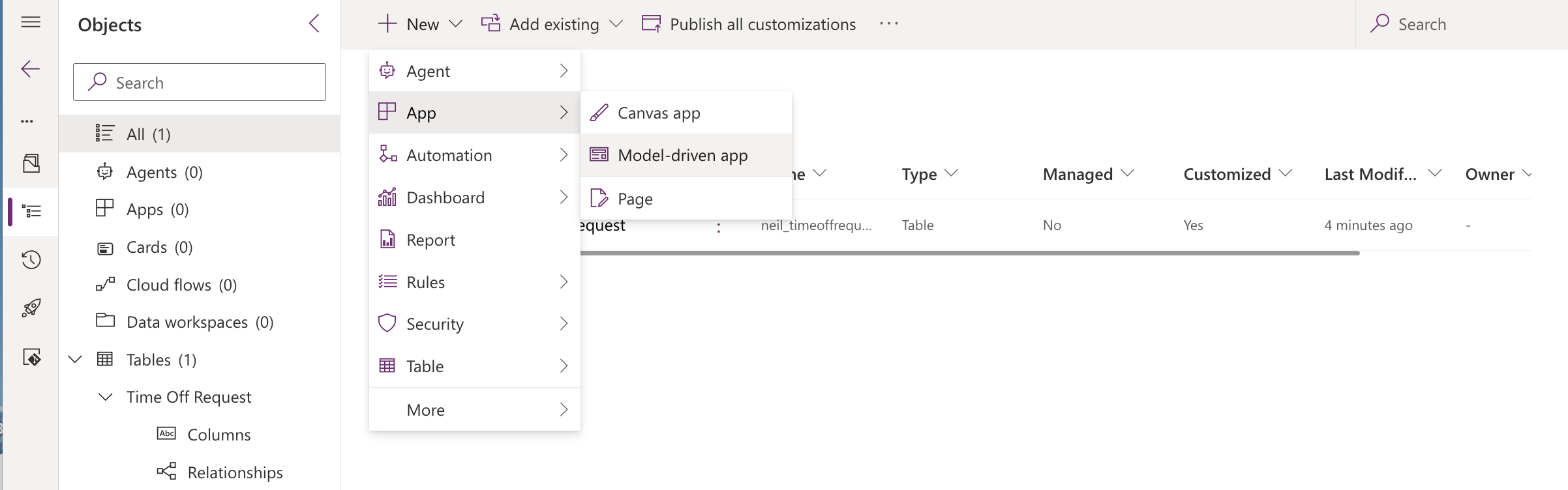 I selected New > App > Model-driven app from the solution menu.