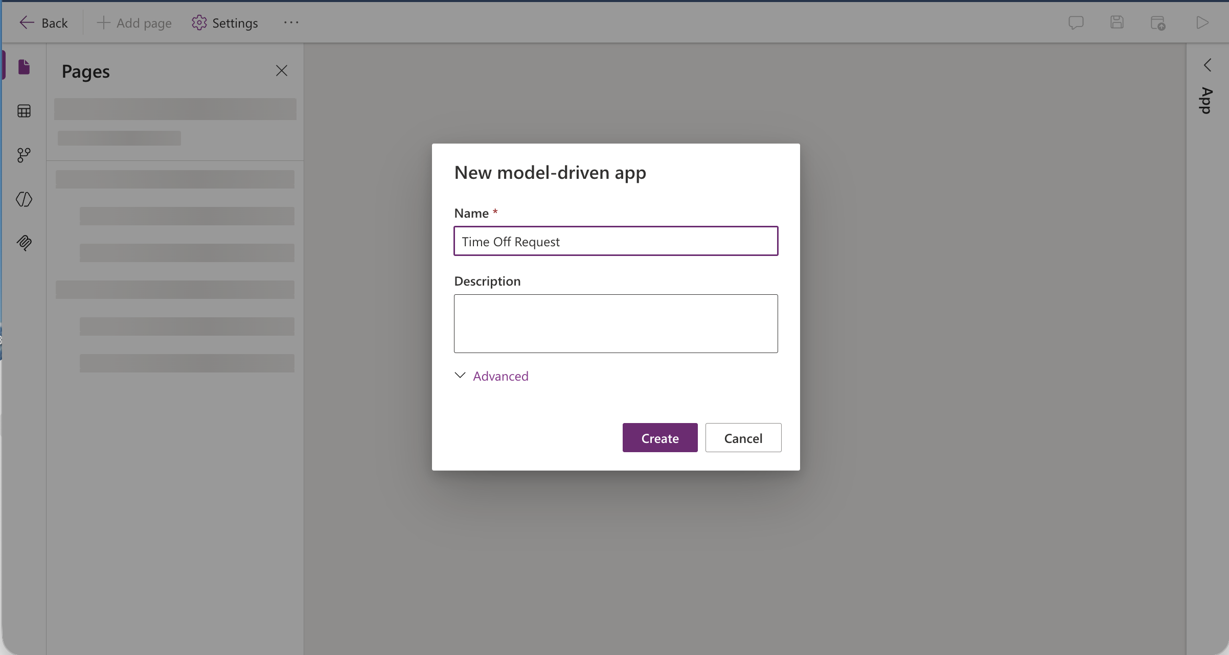 I named the new app "Time Off Request" in the dialog.