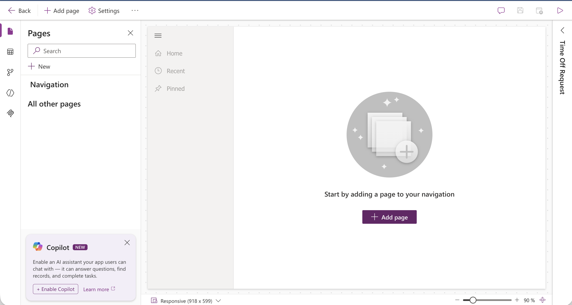 The app designer opened with no pages yet — I clicked Add page to wire up the table.