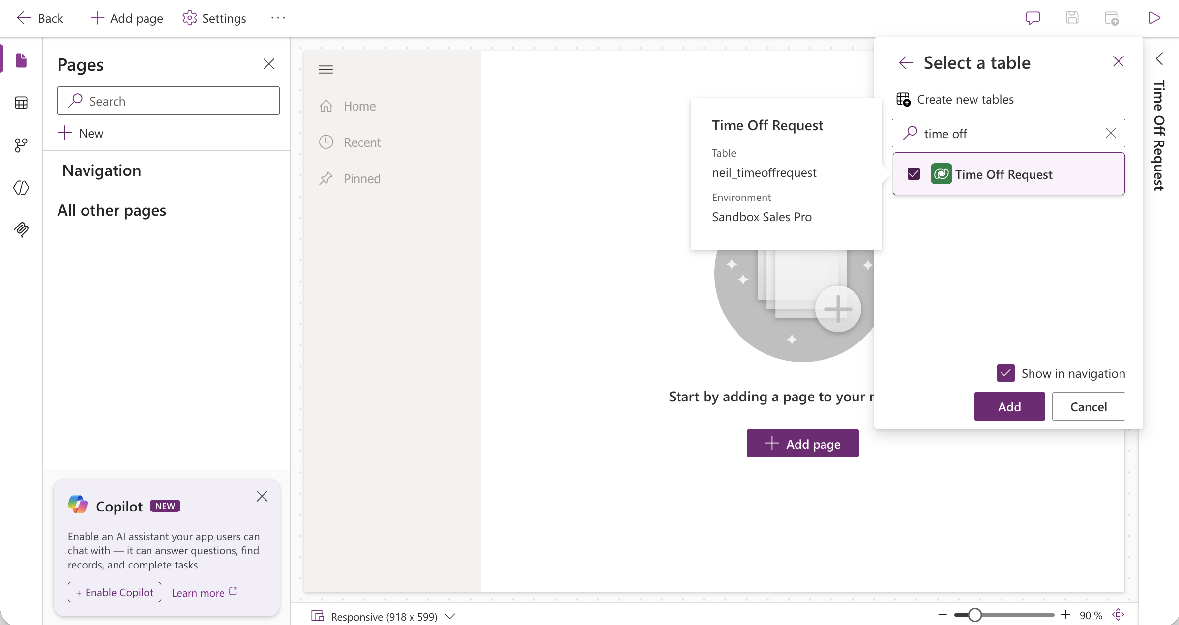 I selected the Time Off Request table from the picker.