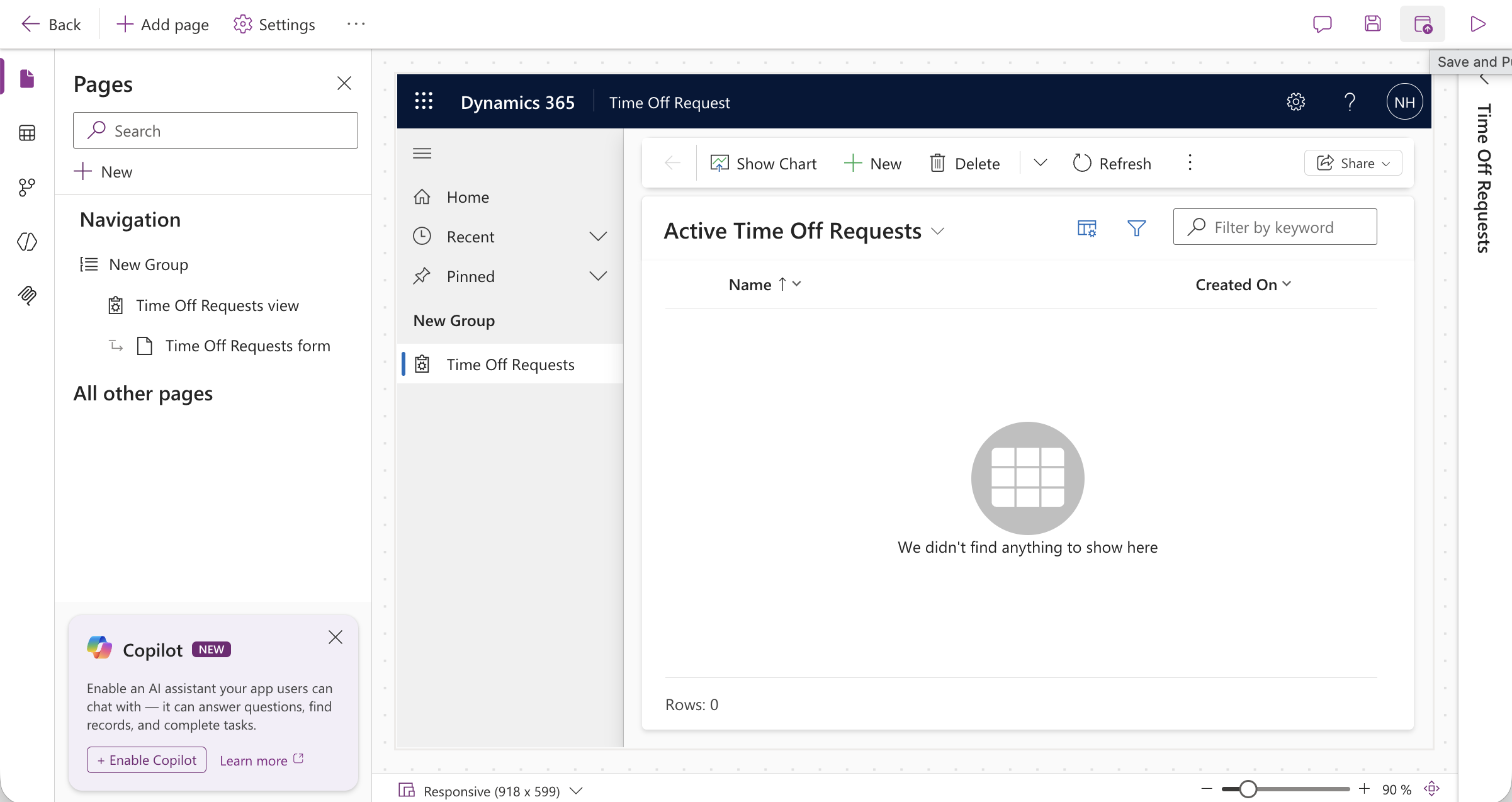 The app designer now showed a Time Off Requests view in the navigation.