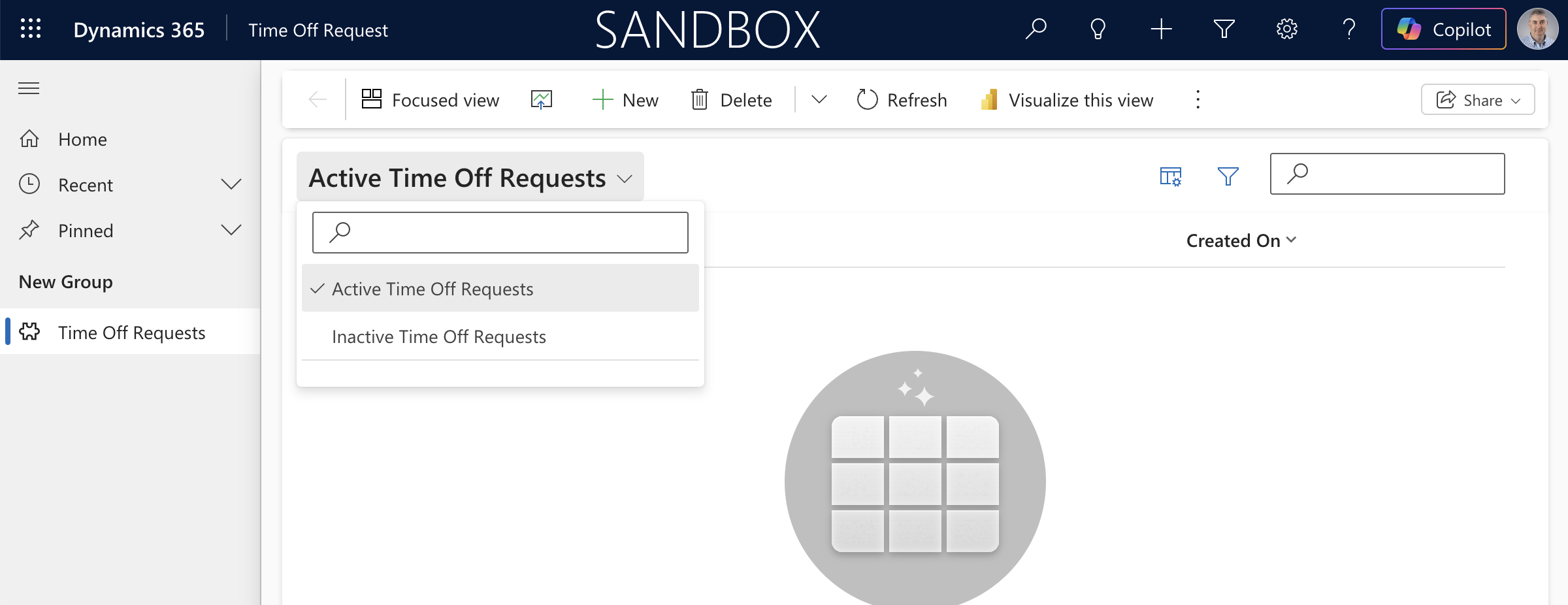 The live app showed the Active Time Off Requests view with a dropdown to switch to the Inactive view.