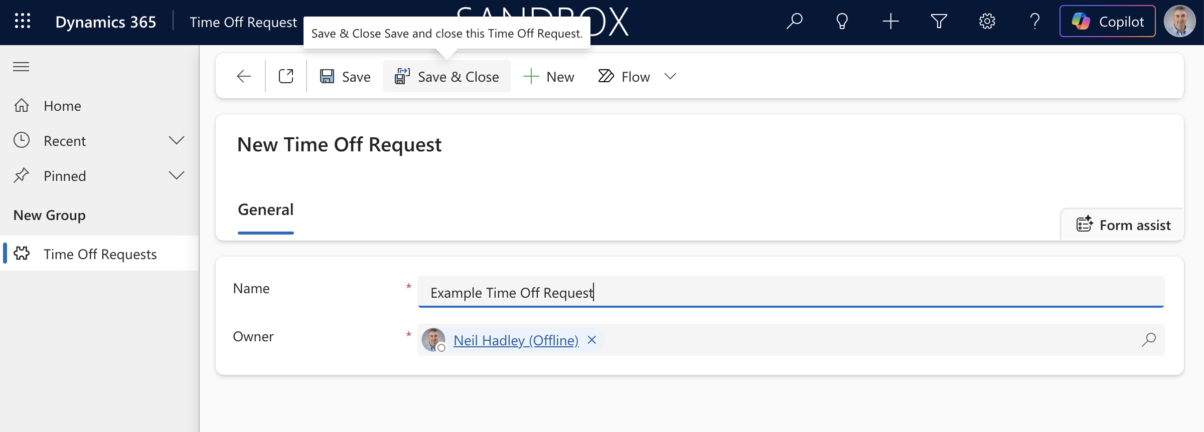I created a new record called "Example Time Off Request" and saved it.