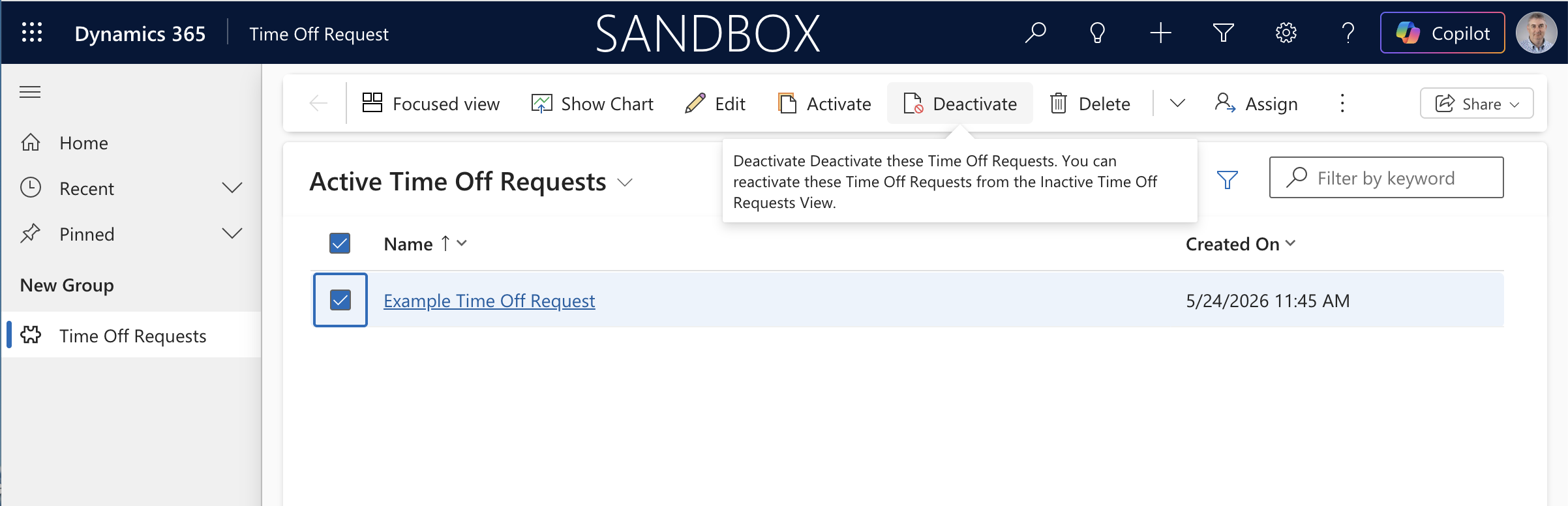 I selected the record in the list view and hovered over the Deactivate button.