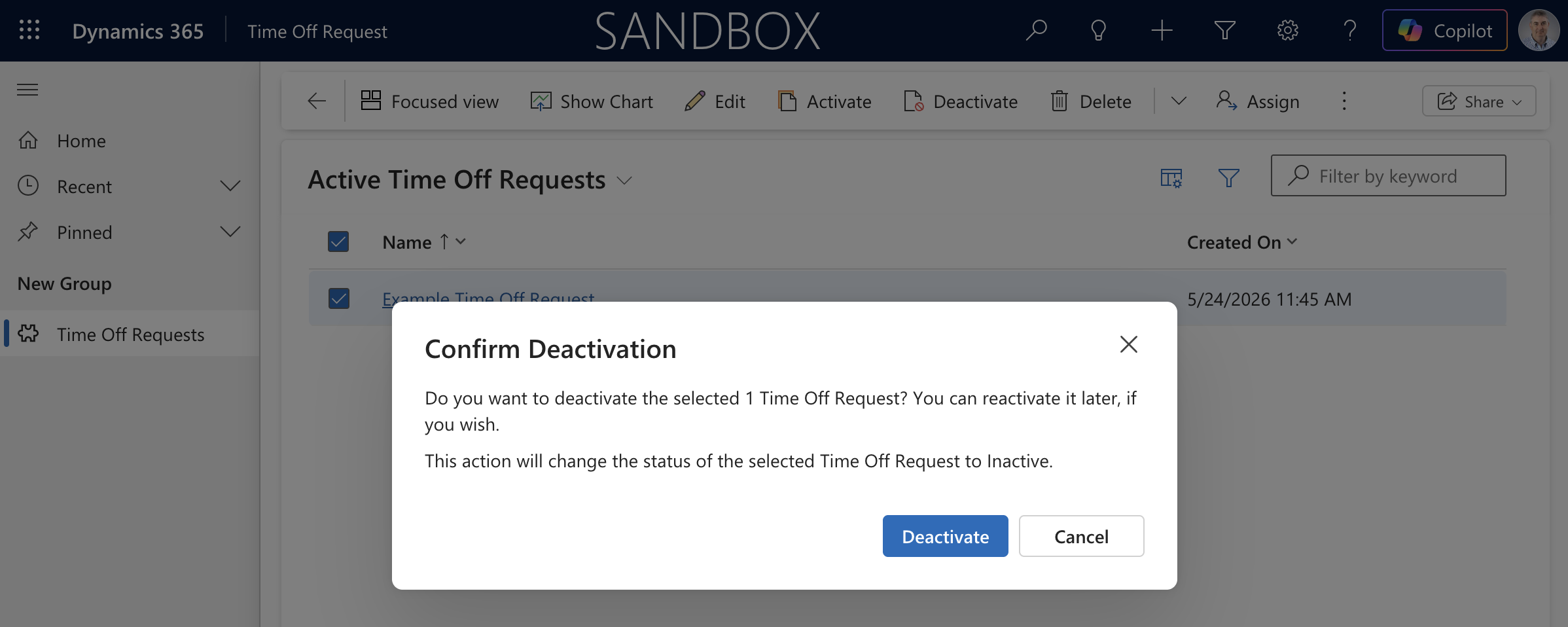 The Confirm Deactivation dialog appeared — but there was no Status Reason field. It just asked me to confirm.