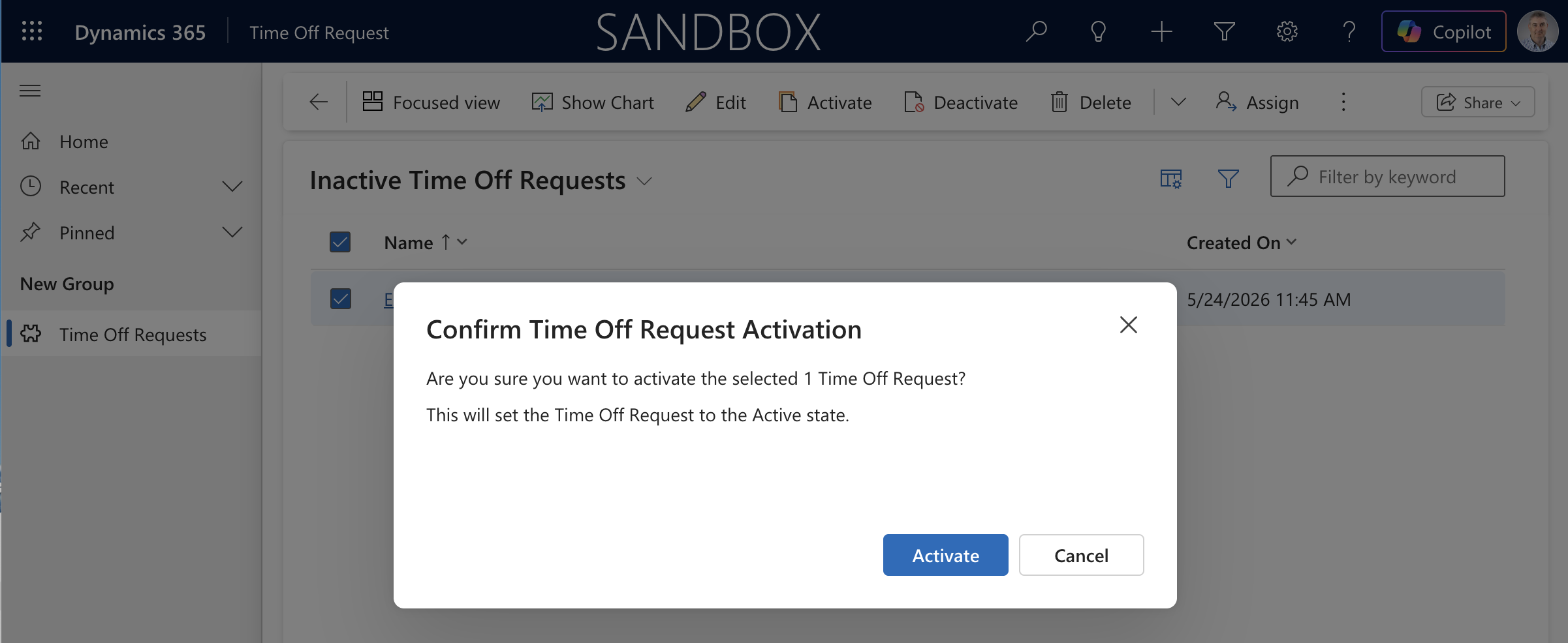 The Confirm Activation dialog also had no Status Reason field — the same no-prompt behaviour as Deactivate.