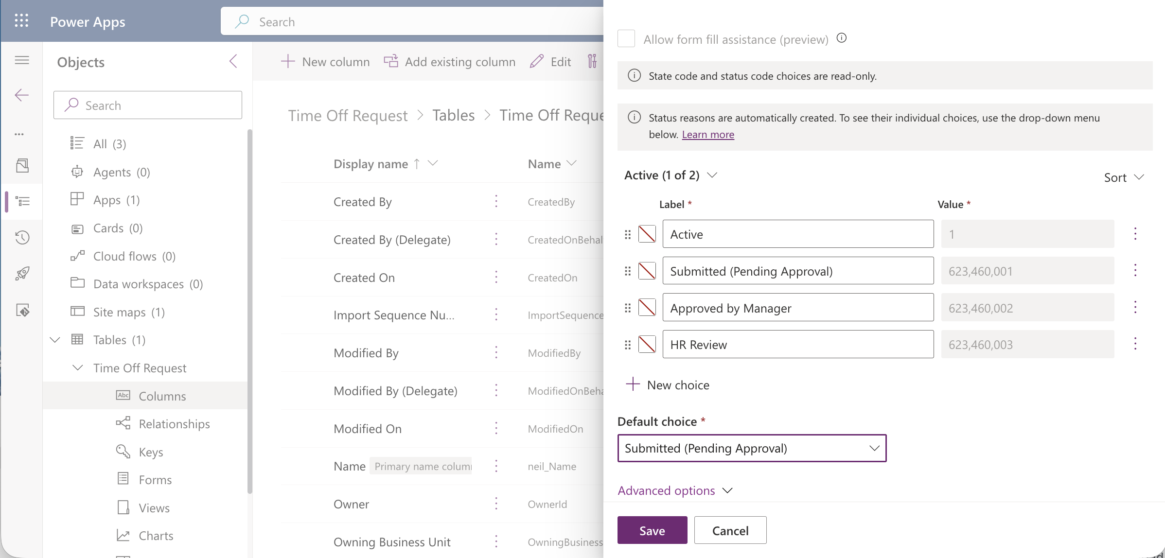 The Status Reason editor's Active group now showed my three custom choices alongside the original "Active" default.