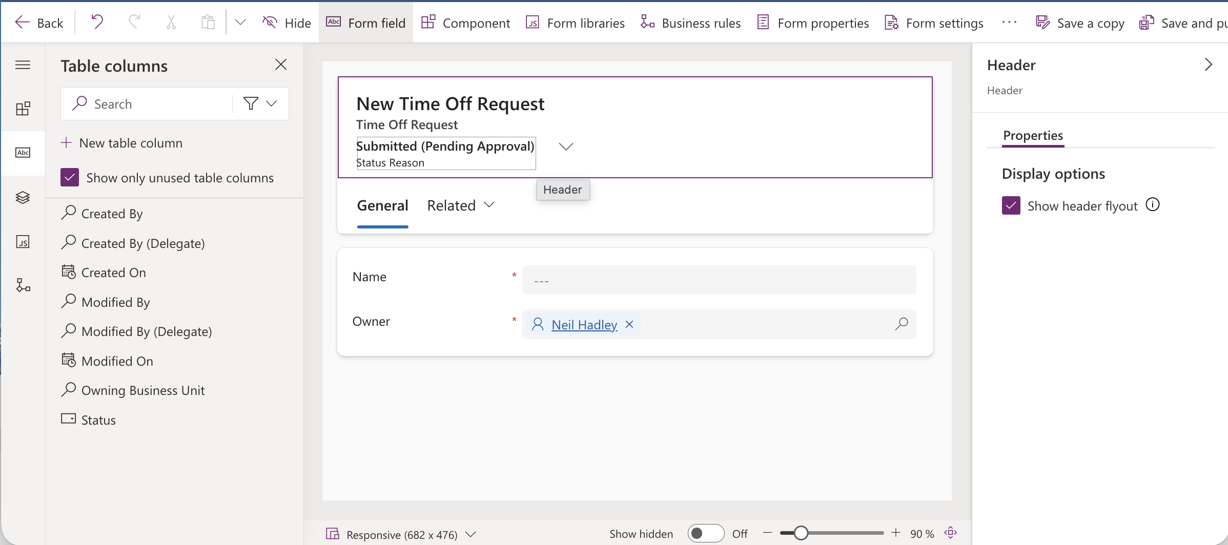 I opened the form editor and dragged Status Reason into the header area.