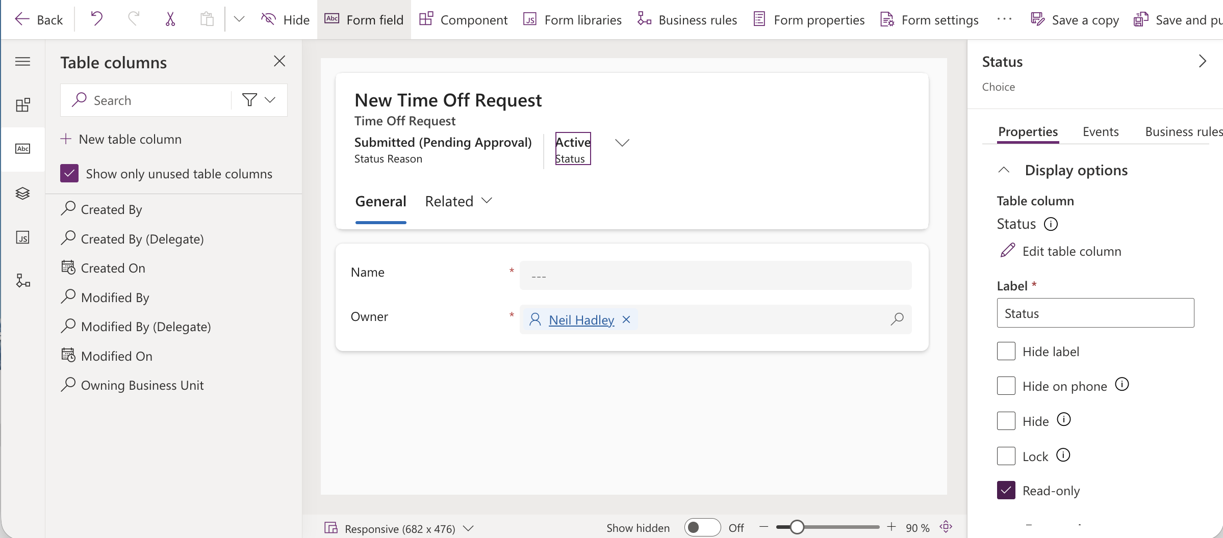 I opened the Status field properties and checked Read-only so users can see the status but not change it directly.
