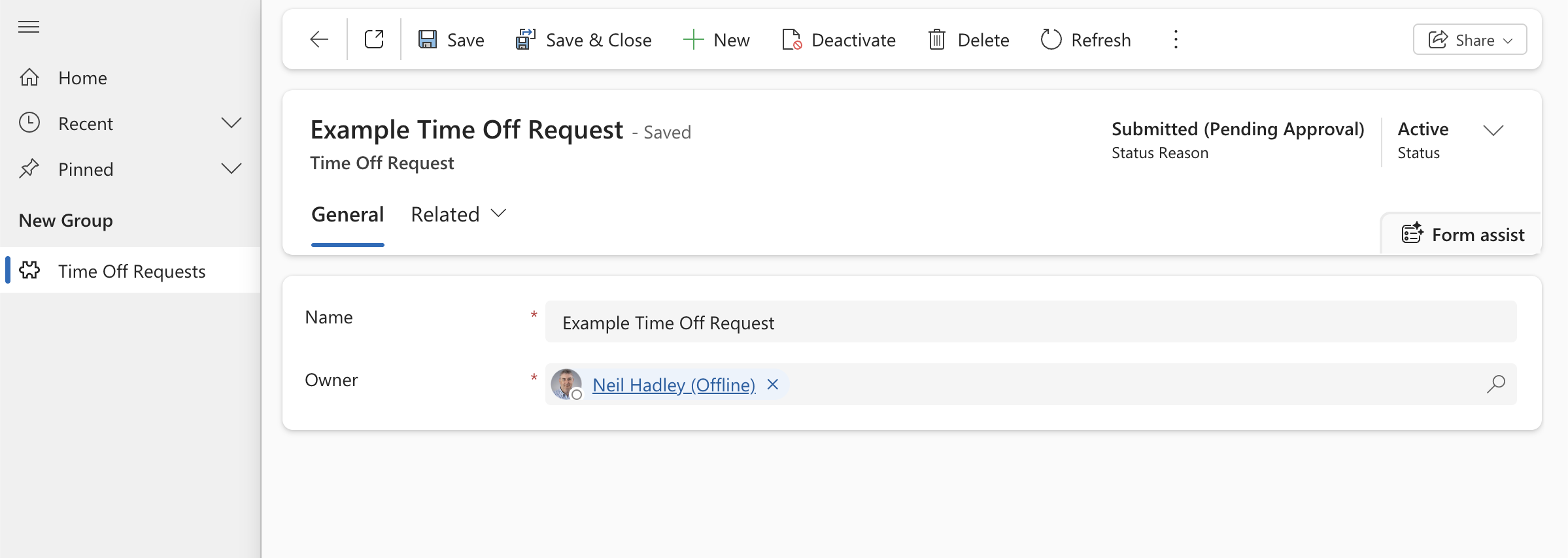 The saved record showed "Submitted (Pending Approval)" as the Status Reason and "Active" as the Status in the form header.
