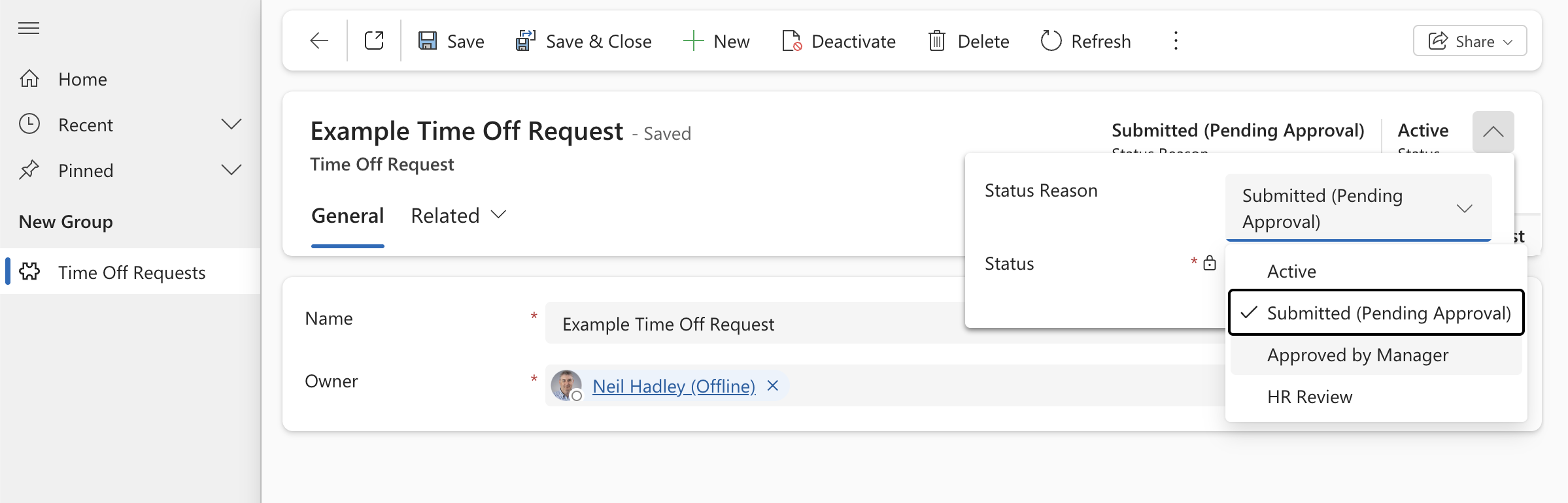 Clicking the Status Reason in the header expanded a dropdown showing all four Active options — I could advance the reason directly from the form.