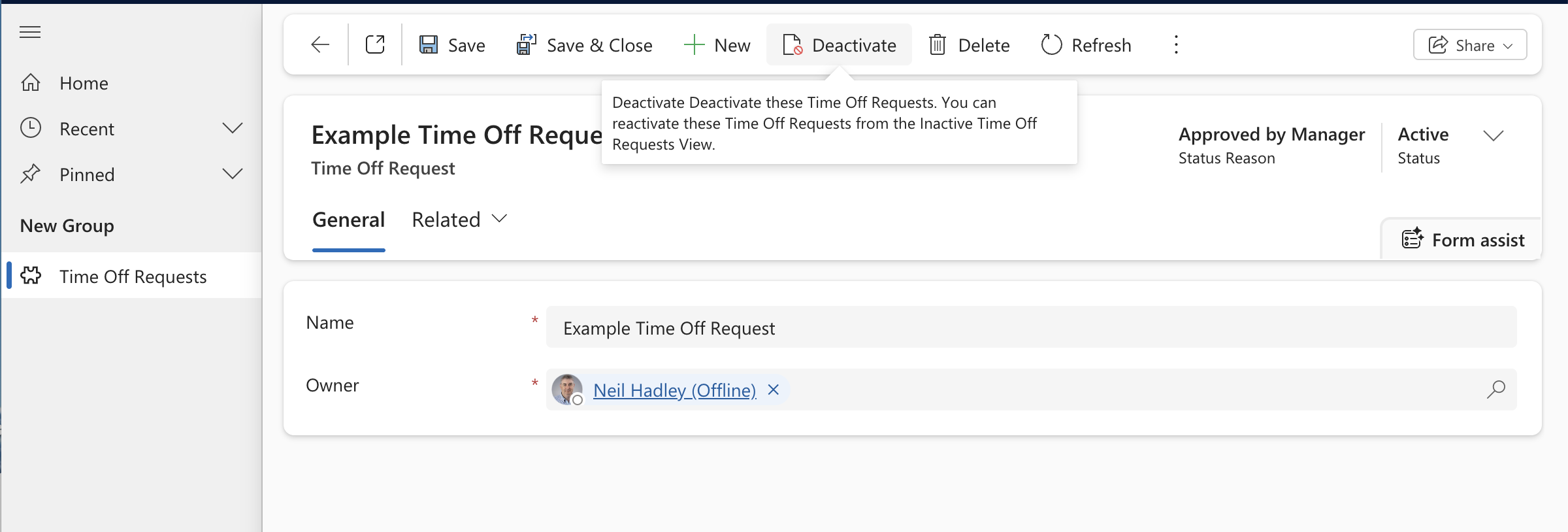 The record was set to "Approved by Manager". I hovered over the Deactivate button to trigger the dialog.