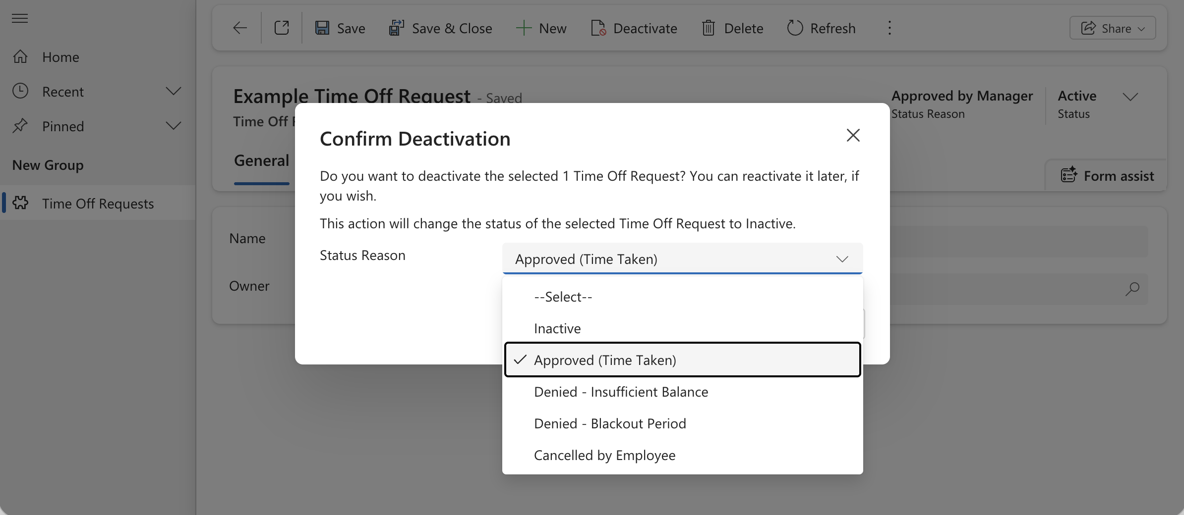The Confirm Deactivation dialog now showed a Status Reason dropdown — this only appeared because Status Reason was on the form. The dialog listed the Inactive options.