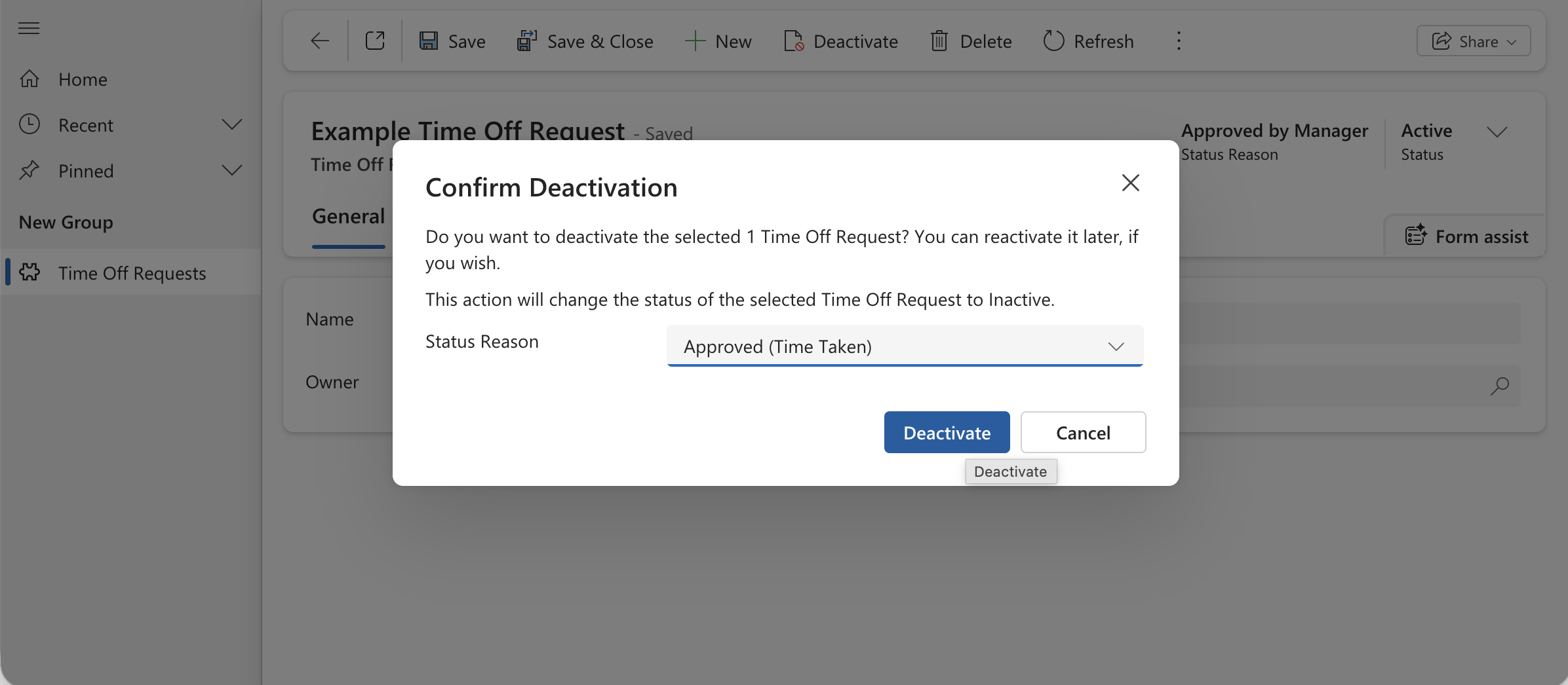 I selected "Approved (Time Taken)" from the Inactive Status Reason options before confirming.