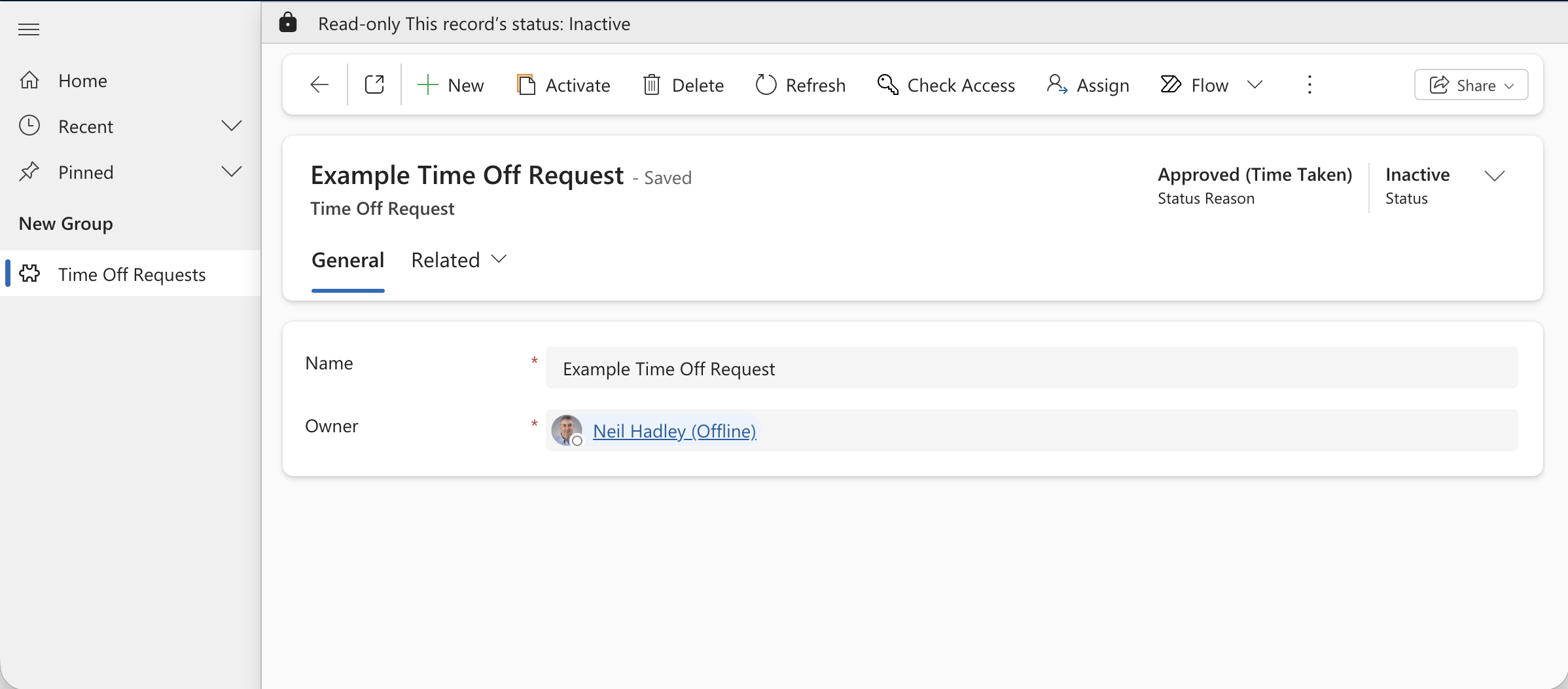 The record was now read-only showing "Approved (Time Taken)" as the Status Reason and "Inactive" as the Status.