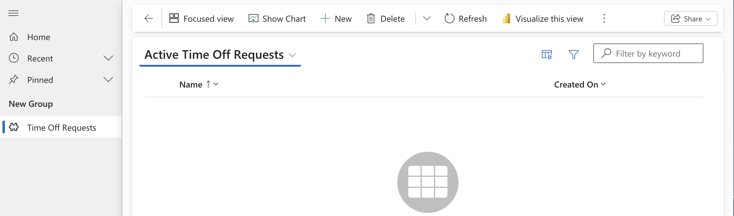 The Active Time Off Requests view was empty — the record had been moved to Inactive.