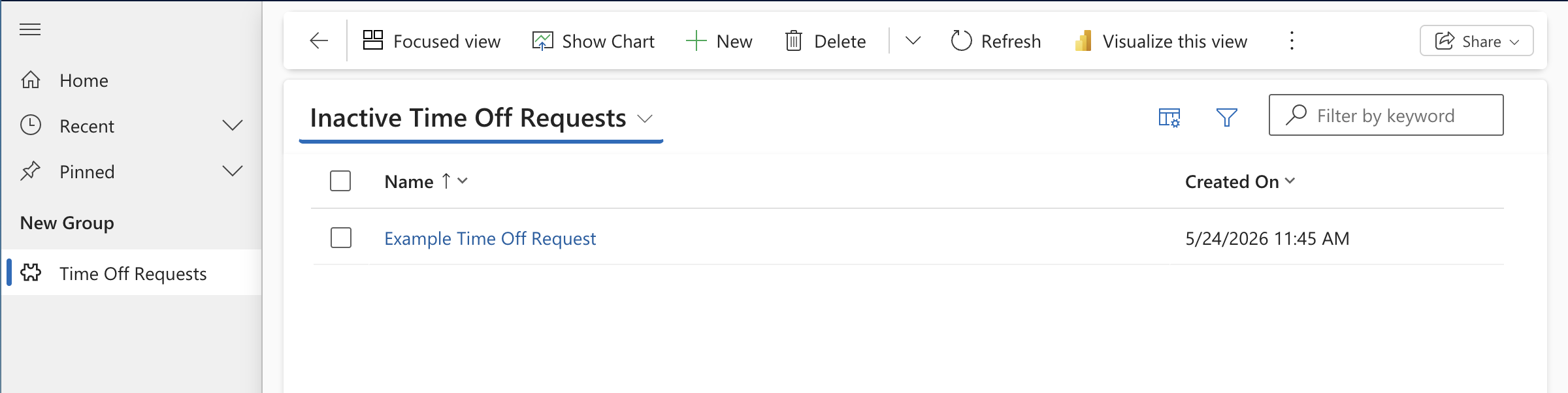 The Inactive view showed "Example Time Off Request".
