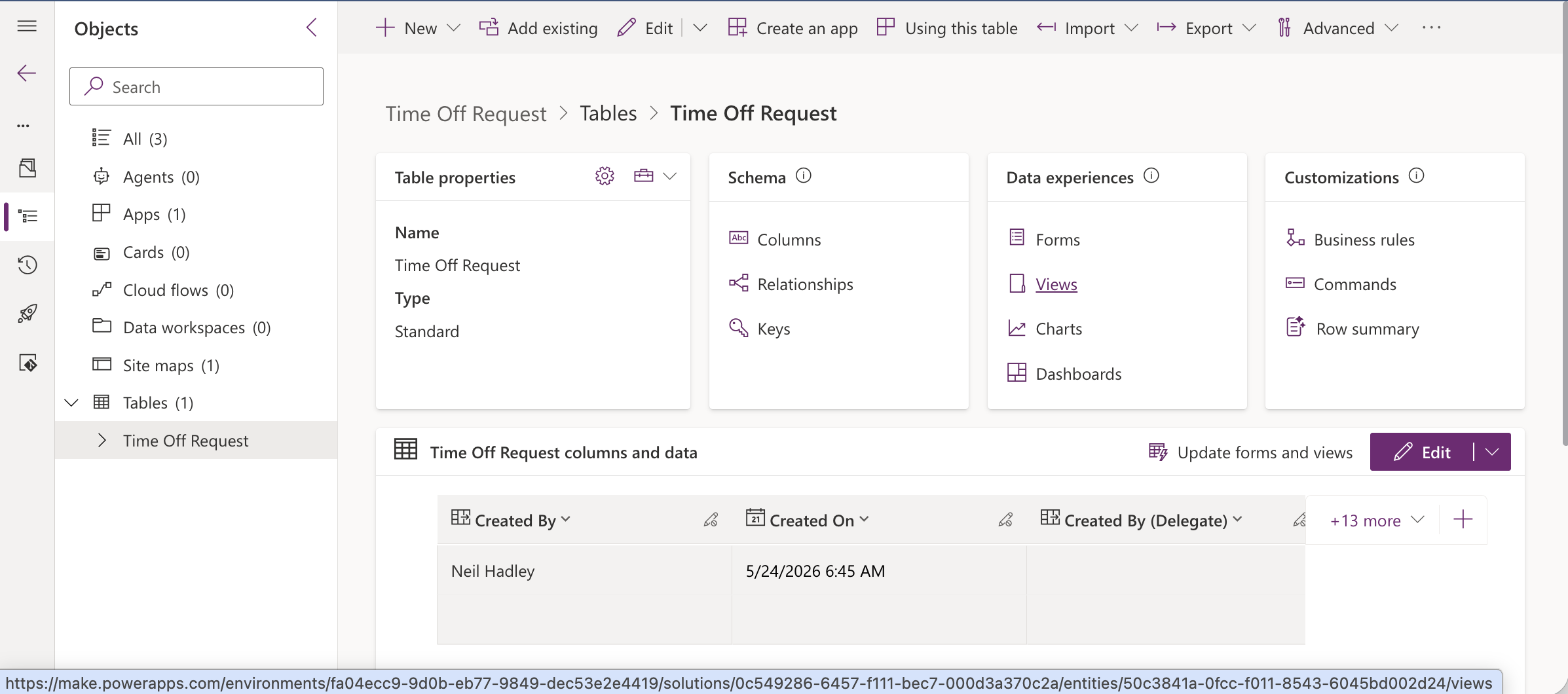 I navigated to the Time Off Request table overview in the Power Apps maker portal and clicked Views.